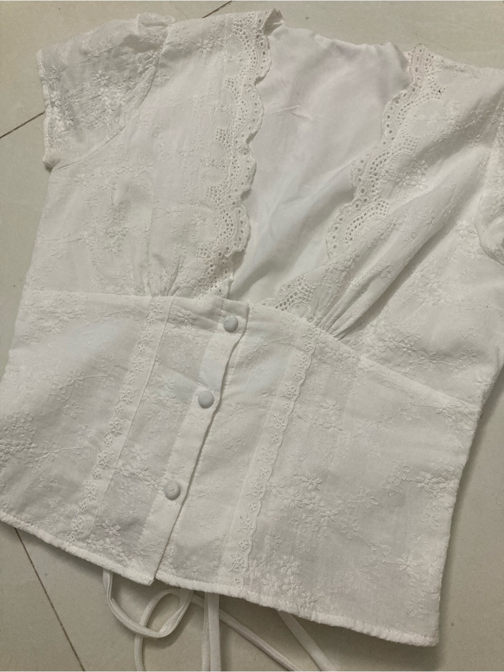 White Lace-Trim Button Front Women’s Top